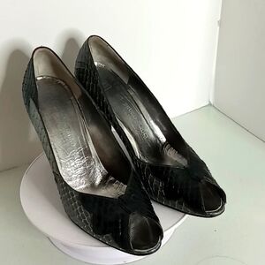 Bruno Magli Genuine Snakeskin Open Toe Pumps - Black/Gray/Silver - 9 AA